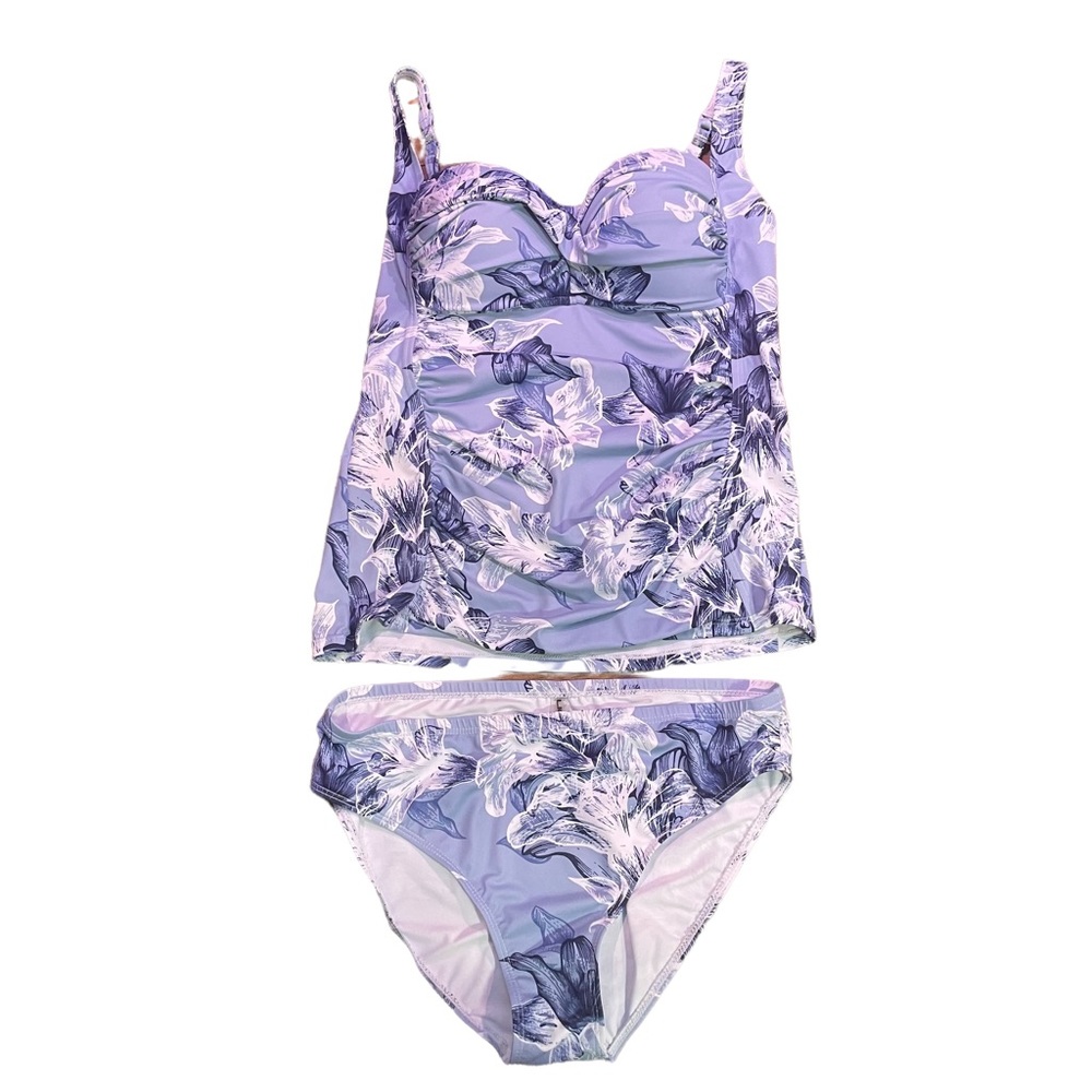 LIQUID  SWIMWEAR TANKINI SET BLUE/WHITE W/FLORAL PRINT SIZE M